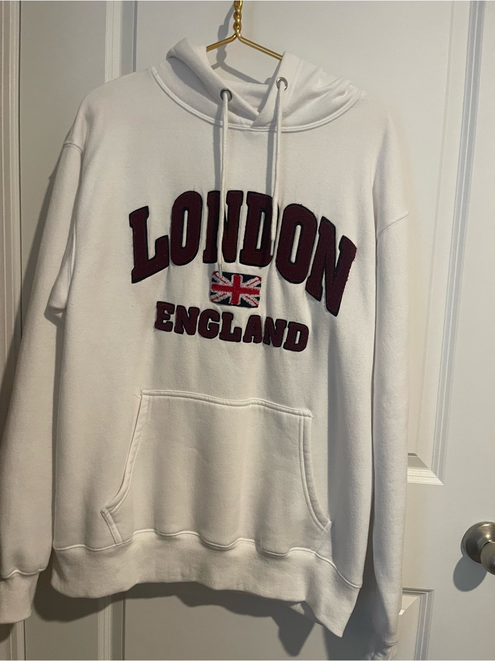 White 'London England' Pullover Hoodie Puffy Embroidered Letters Womens XL 26P-P
